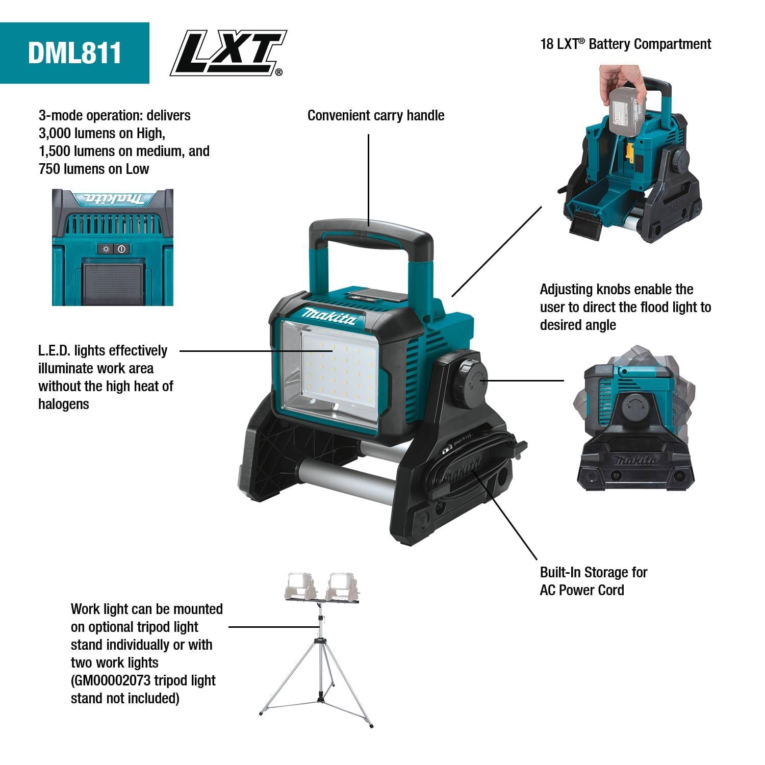 Makita 18V LXT® Lithium‑Ion Cordless/Corded Work Light, Light Only 2 Makita 18V LXT® Lithium‑Ion Cordless/Corded Work Light, Light Only - Image 2