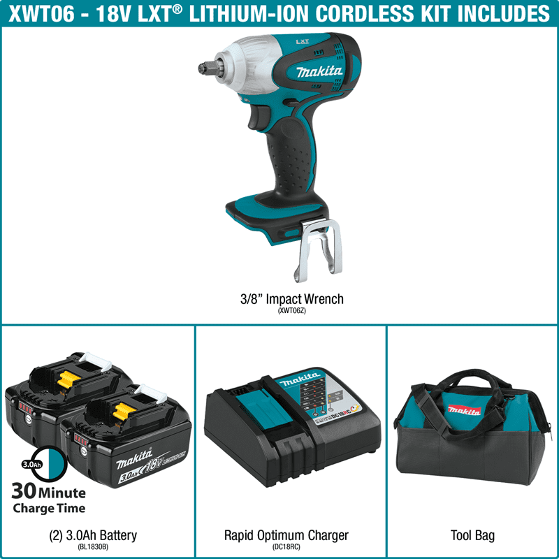 Makita 18V LXT® Lithium‑Ion Cordless 3/8" Sq. Drive Impact Wrench Kit (3.0Ah) 3 Makita 18V LXT® Lithium‑Ion Cordless 3/8" Sq. Drive Impact Wrench Kit (3.0Ah) - Image 3