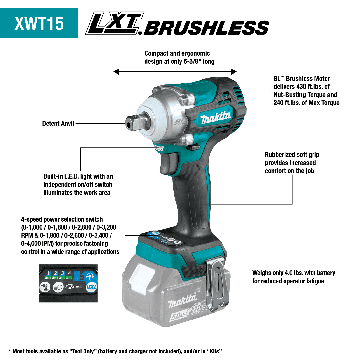 MAKITA 18V LXT® Lithium‑Ion Brushless Cordless 4‑Speed 1/2" Sq. Drive Utility Impact Wrench w/ Detent Anvil, Tool Only 2 MAKITA 18V LXT® Lithium‑Ion Brushless Cordless 4‑Speed 1/2" Sq. Drive Utility Impact Wrench w/ Detent Anvil, Tool Only - Image 2