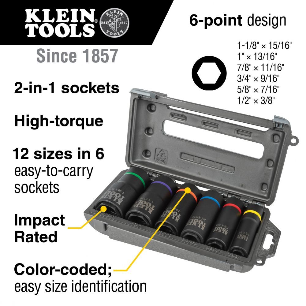 KLEIN TOOLS 2-in-1 Impact Socket Set, 6-Point, 6-Piece 2 KLEIN TOOLS 2-in-1 Impact Socket Set, 6-Point, 6-Piece - Image 2