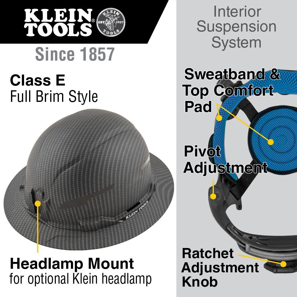 KLEIN TOOLS Hard Hat, Premium KARBN™ Pattern, Non-Vented Full Brim, Class E 3 KLEIN TOOLS Hard Hat, Premium KARBN™ Pattern, Non-Vented Full Brim, Class E - Image 3