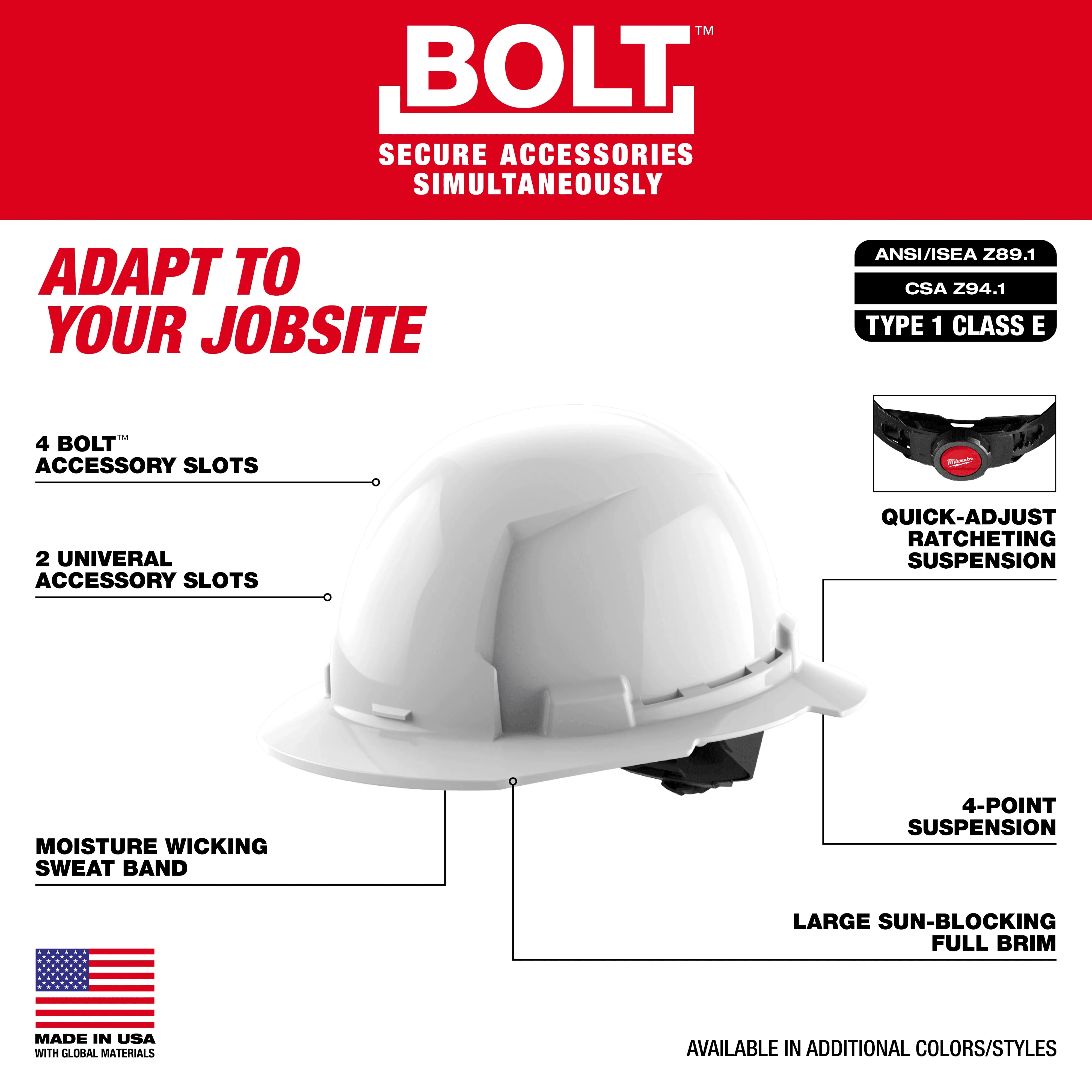 MILWAUKEE BOLT™ White Full Brim Hard Hat w/4pt Ratcheting Suspension (USA) - Type 1 Class E 2 MILWAUKEE BOLT™ White Full Brim Hard Hat w/4pt Ratcheting Suspension (USA) - Type 1 Class E - Image 2