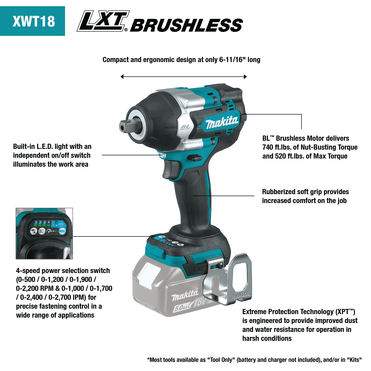 Makita 18V LXT brushless cordless 4-speed mid-torque 1/2" impact wrench with detent anvil. Tool only. 2 Makita 18V LXT brushless cordless 4-speed mid-torque 1/2" impact wrench with detent anvil. Tool only. - Image 2
