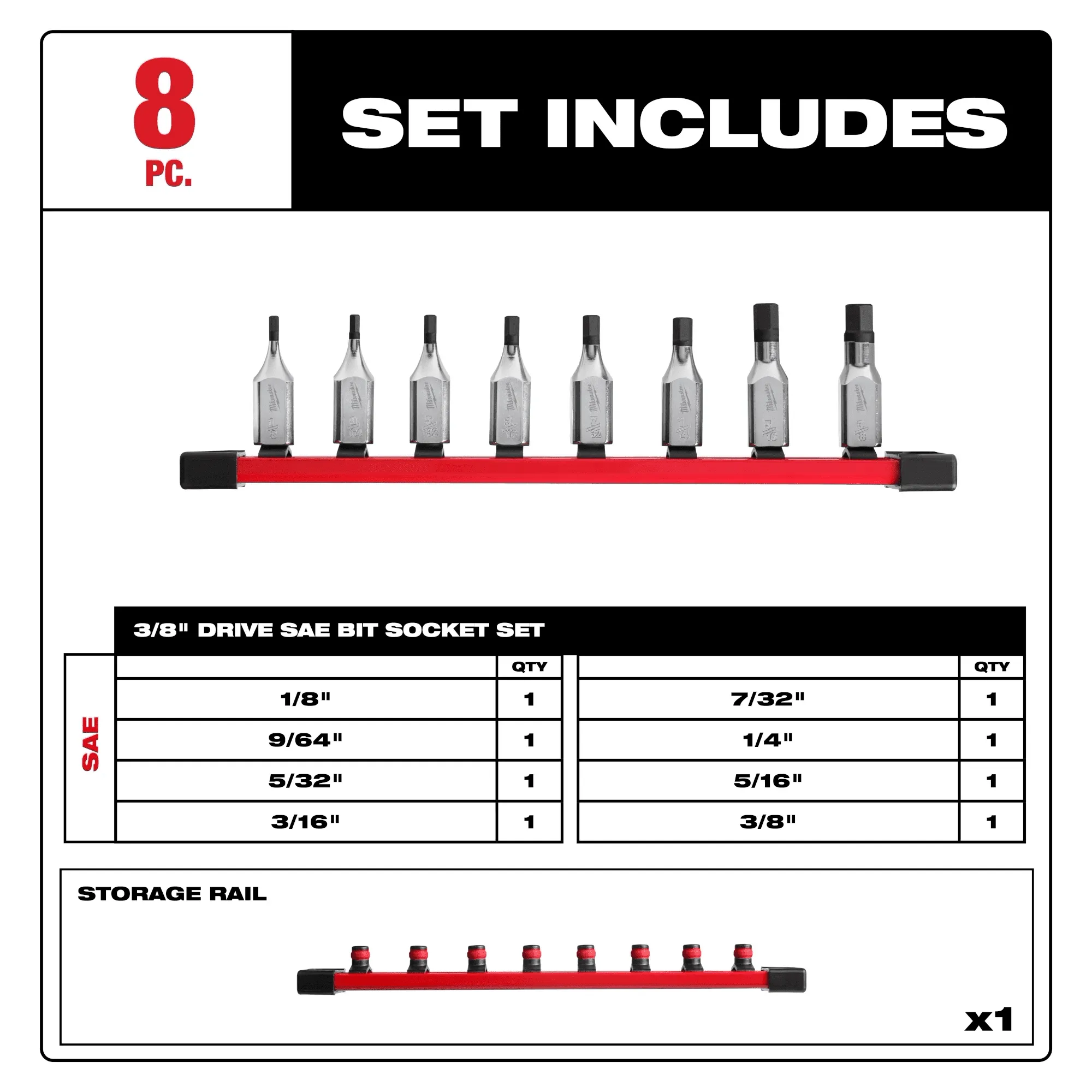 MILWAUKEE 8pc 3/8" Drive Hex Bit Socket Set - SAE 2 MILWAUKEE 8pc 3/8" Drive Hex Bit Socket Set - SAE - Image 2