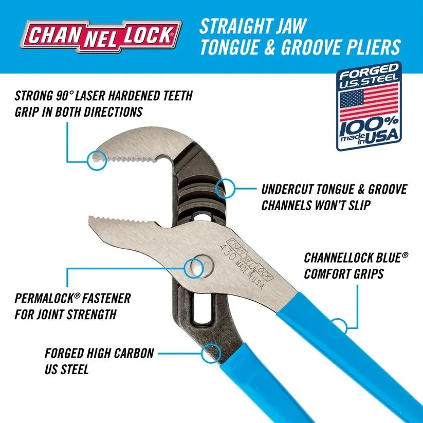 CHANNELLOCK 10-Inch Straight Jaw Tongue & Groove Pliers 2 CHANNELLOCK 10-Inch Straight Jaw Tongue & Groove Pliers - Image 2