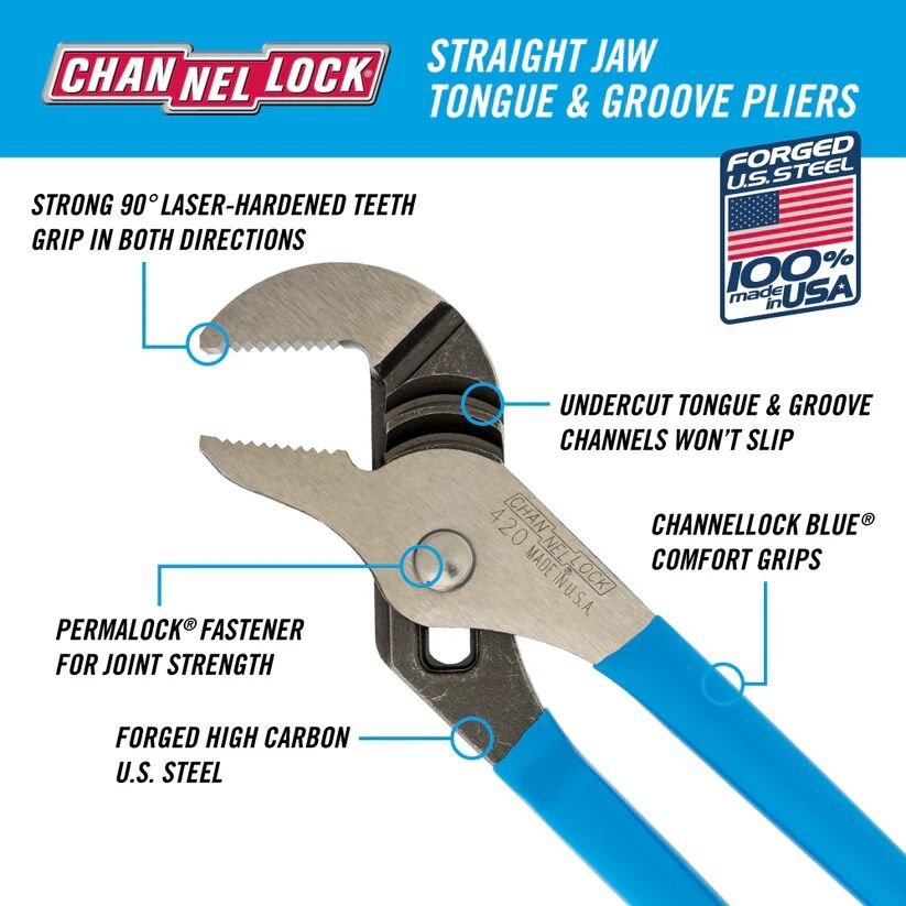 CHANNELLOCK 9.5-Inch Straight Jaw Tongue & Groove Pliers 2 CHANNELLOCK 9.5-Inch Straight Jaw Tongue & Groove Pliers - Image 2