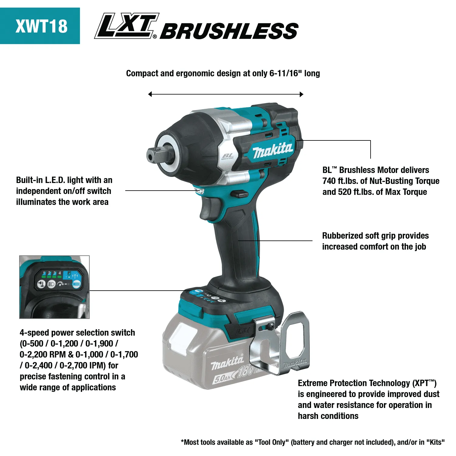 Makita 18V LXT brushless cordless 4-speed mid-torque 1/2" impact wrench with detent anvil. Tool only. 2 Makita 18V LXT brushless cordless 4-speed mid-torque 1/2" impact wrench with detent anvil. Tool only. - Image 2
